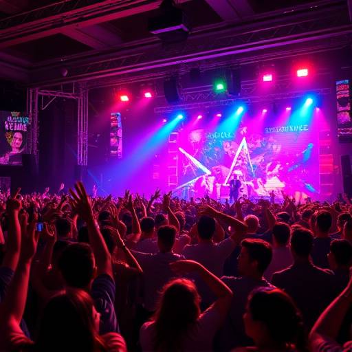 Et energisk billede af et publikum, der jubler under en live koncert med farverige lys.