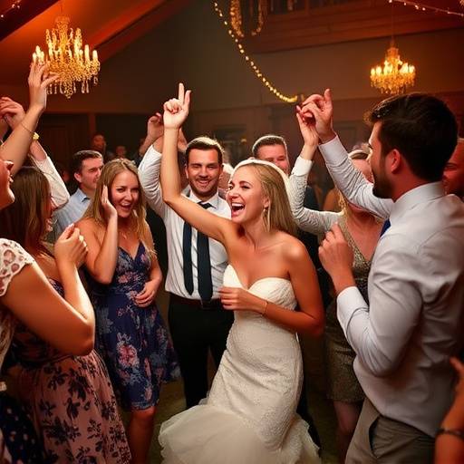 Et festligt billede af bryllupsgæster, der danser og fejrer brudeparret.
