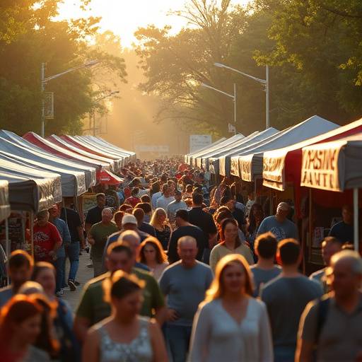 Et stemningsfuldt billede af en udendørs festival med boder og glade mennesker.