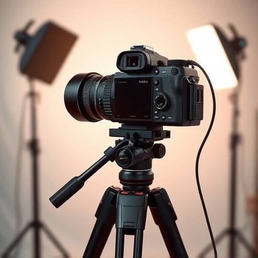 Professionel fotograf der tager billeder med et kamera på stativ.